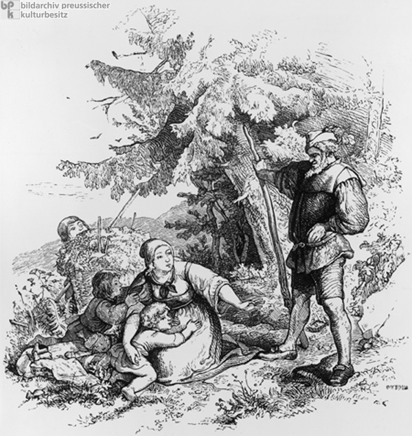Adrian Ludwig Richter, <i>Rübezahl Appears to a Mother in the Form of a Charburner</i> (1842)